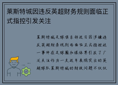 莱斯特城因违反英超财务规则面临正式指控引发关注 莱斯特城因违反英超财务规则面临正式指控引发关注
